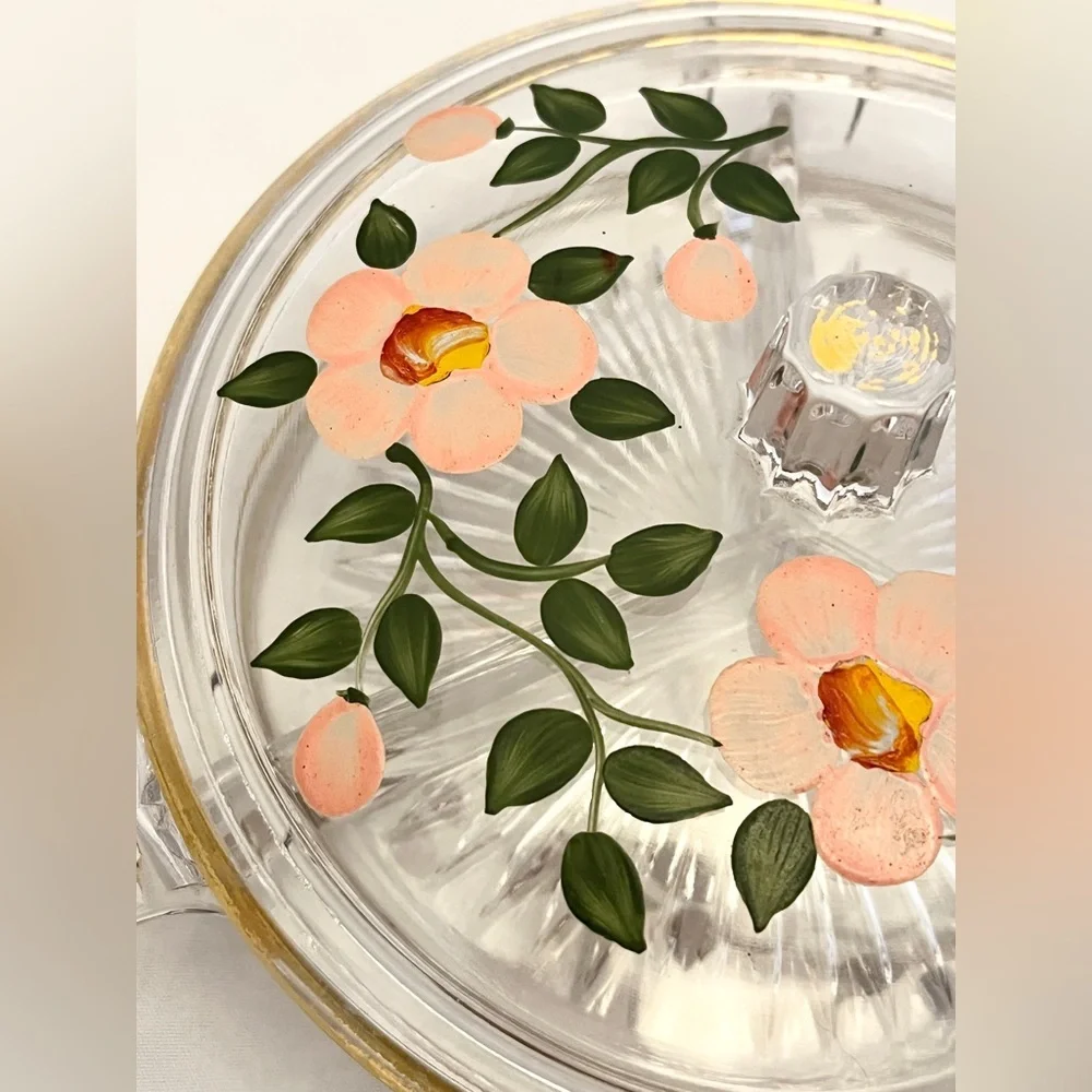Duncan Miller Glass Hand Painted Lidded Vanity Dish, Pre-1950 Vintage EUC